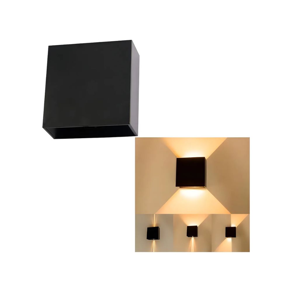 arandela led externa slim preta com facho duplo iluminando parede