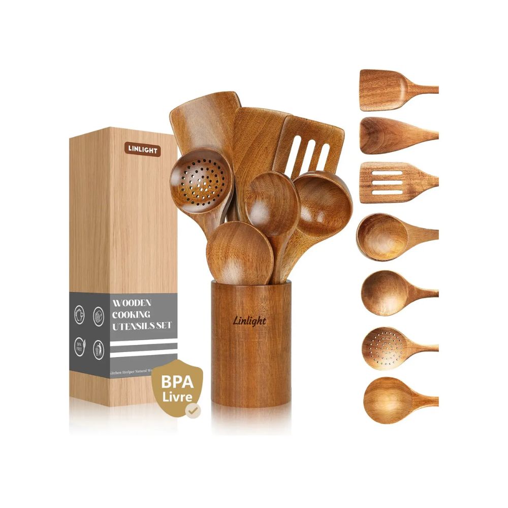 kit utensilios de cozinha madeira