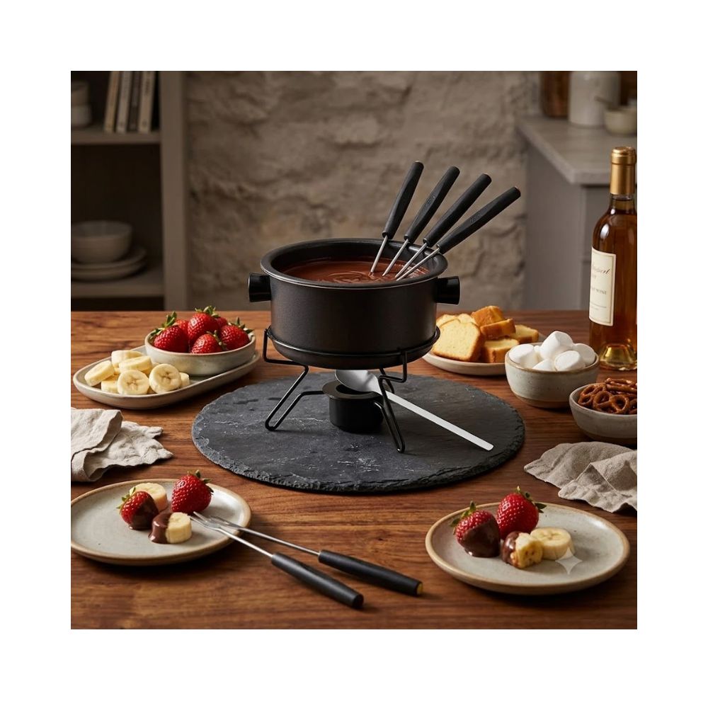 Conjunto de fondue preto de 7 peças da marca Forma, incluindo a panela antiaderente sobre o suporte com acendedor e quatro garfos com detalhes coloridos no cabo.