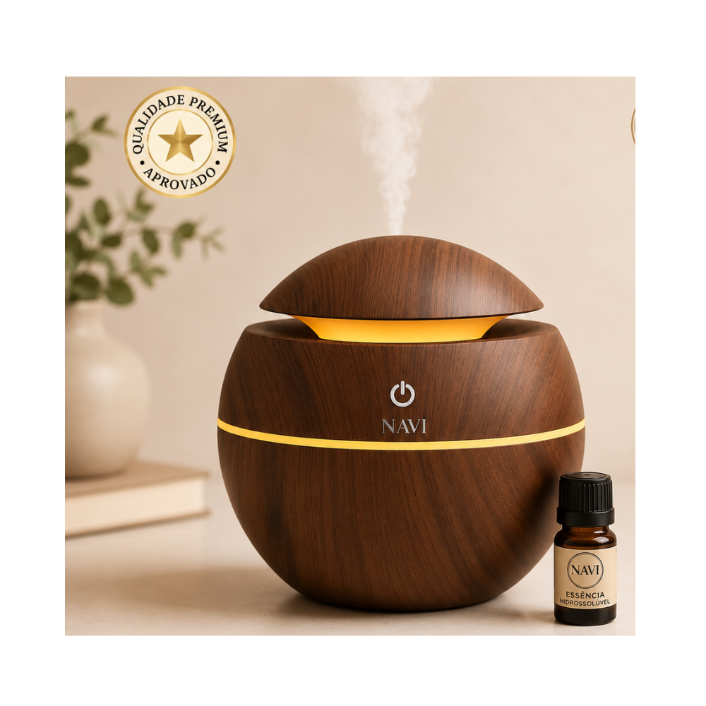 Difusor de aromas ultrassônico com acabamento amadeirado, luz LED ambiente e função umidificador para criar um ambiente relaxante e aconchegante.
