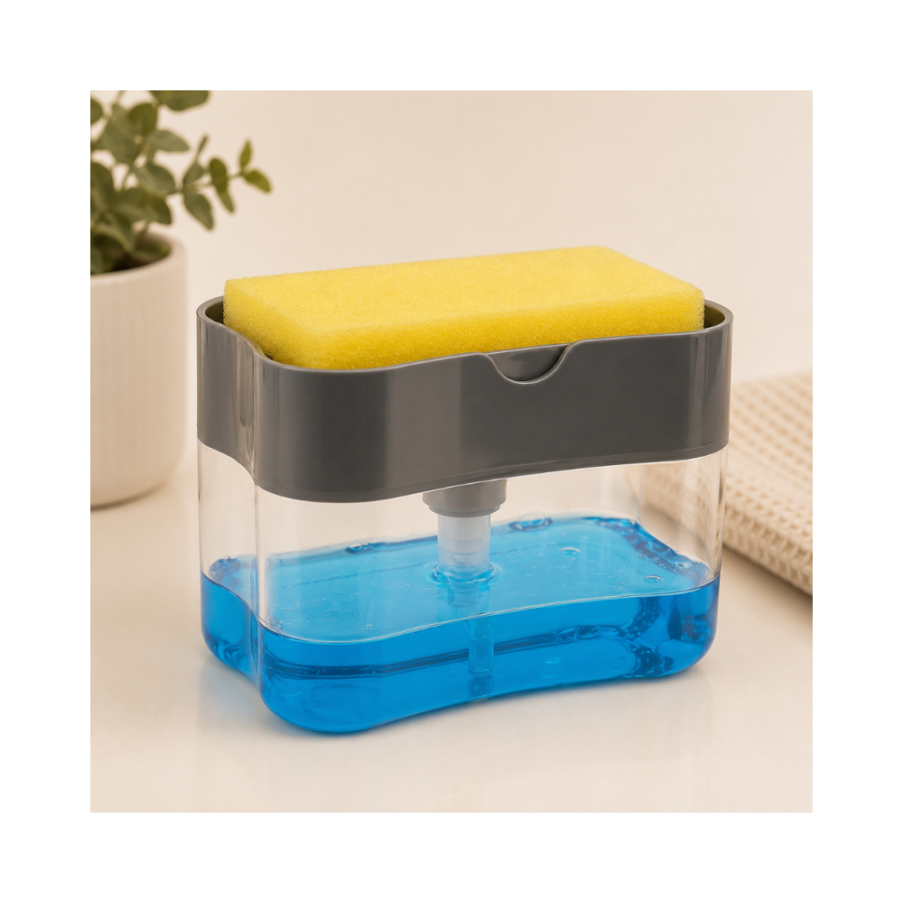 Dispenser de detergente e sabão 2 em 1 com porta esponja integrado, ideal para organização e praticidade na cozinha.