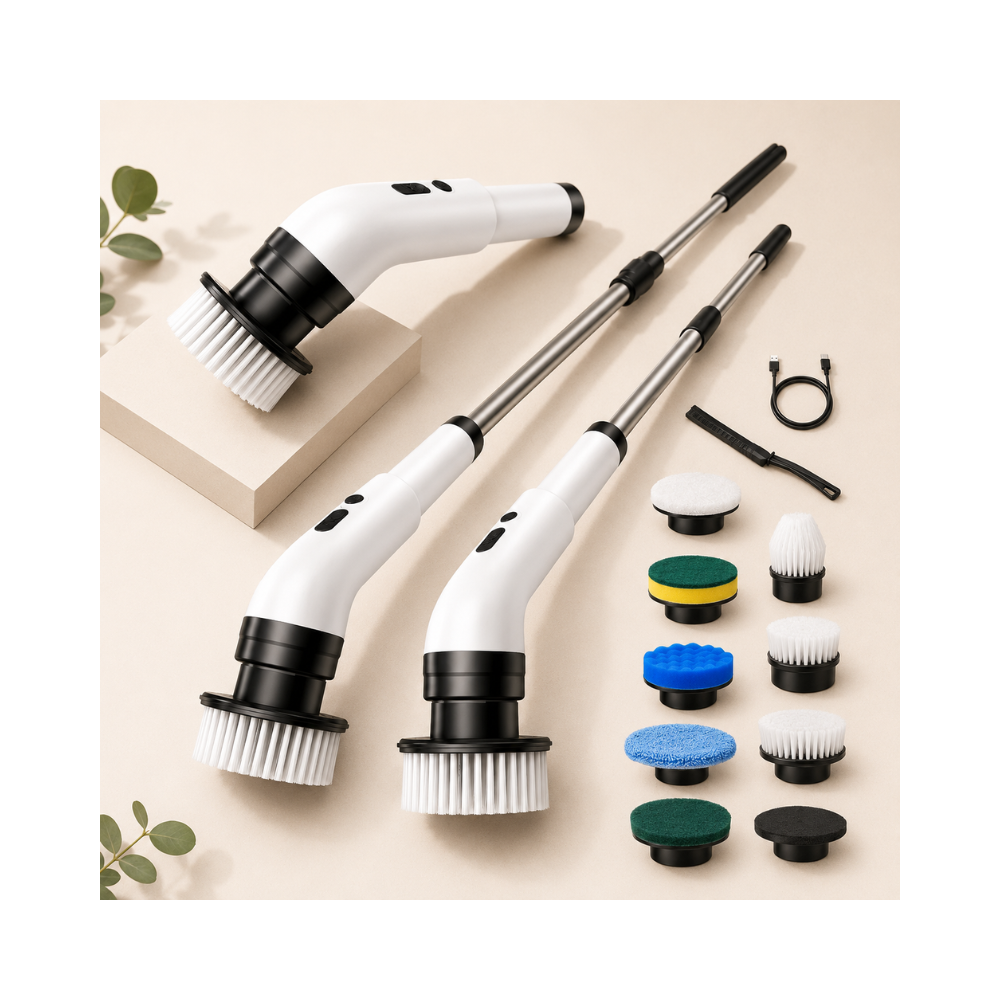 Escova de limpeza elétrica 3 em 1 com cabeças intercambiáveis e cabo extensível, ideal para limpar cozinha, banheiro, pisos e azulejos.