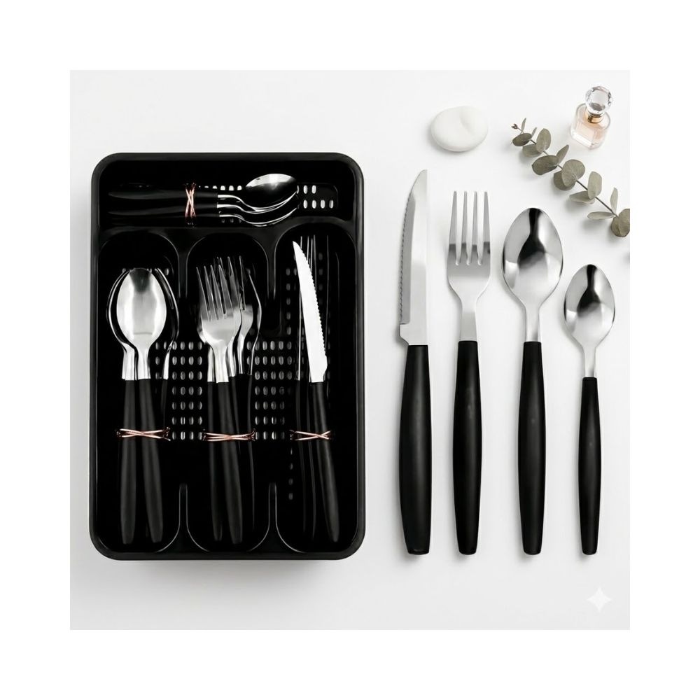 Faqueiro preto 25 peças com porta talheres organizador para cozinha moderna. Achadinhos baratos para casa.