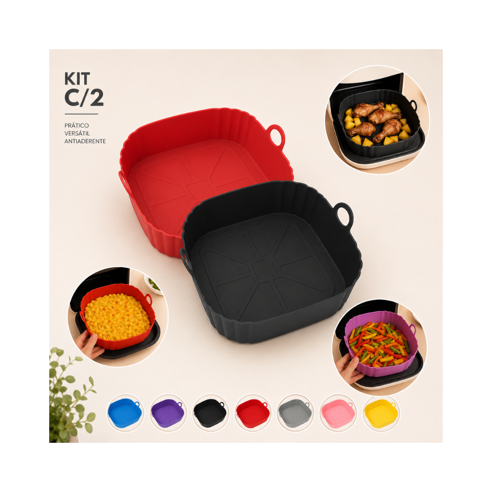 Kit 2 Formas de Silicone Reutilizáveis para Air Fryer e Forno, Antiaderentes e Fáceis de Limpar.