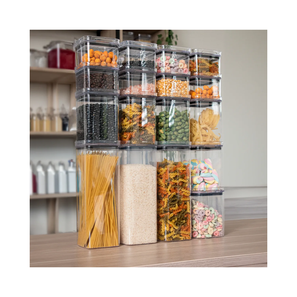 Kit com 10 organizadores de mantimentos em cima de uma linda bancada de cozinha