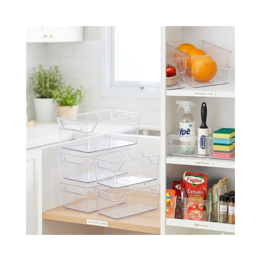 Conjunto com várias caixas organizadoras de acrílico transparente com alças integradas, empilhadas de forma organizada sobre uma bancada branca e limpa no estilo Pinterest. No lado direito, três círculos de detalhe demonstram o uso prático dos organizadores: o primeiro armazenando laranjas frescas na geladeira, o segundo com produtos de limpeza em uma lavanderia e o terceiro com sachês de molho e alimentos em uma despensa.
