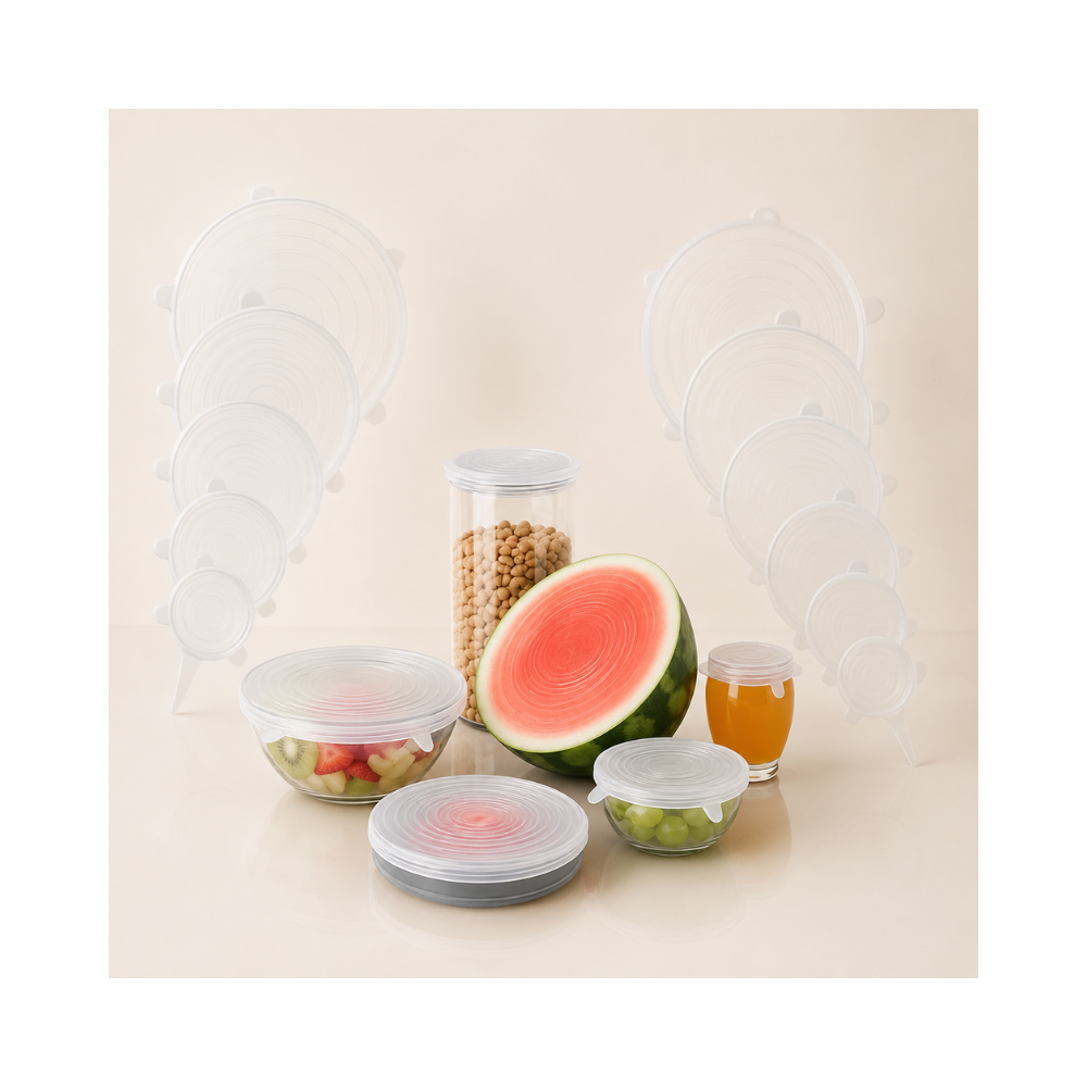 Kit de tampas de silicone universais reutilizáveis para potes, tigelas, frutas e recipientes, mantendo os alimentos frescos e protegidos.