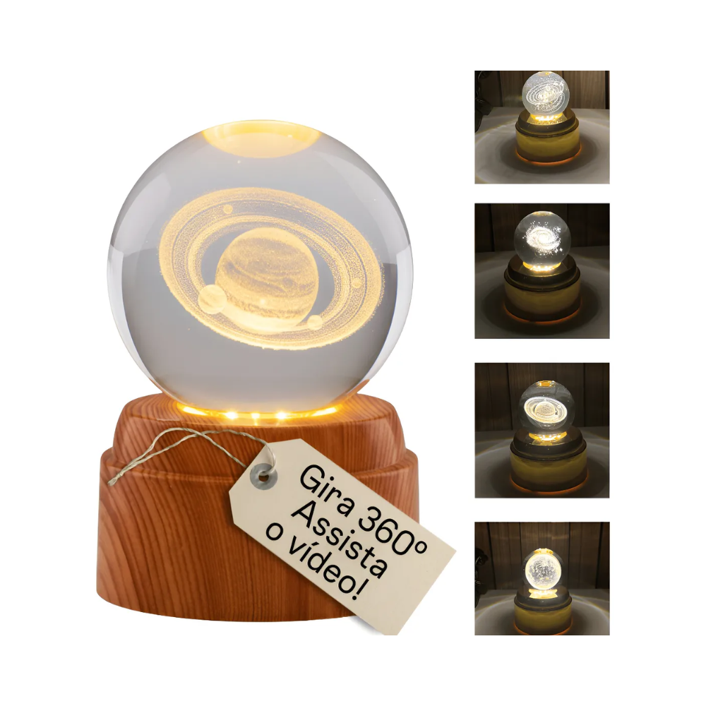 Luminária de mesa bola de cristal LED com base de madeira, ideal para decoração de quarto, sala e escritório.