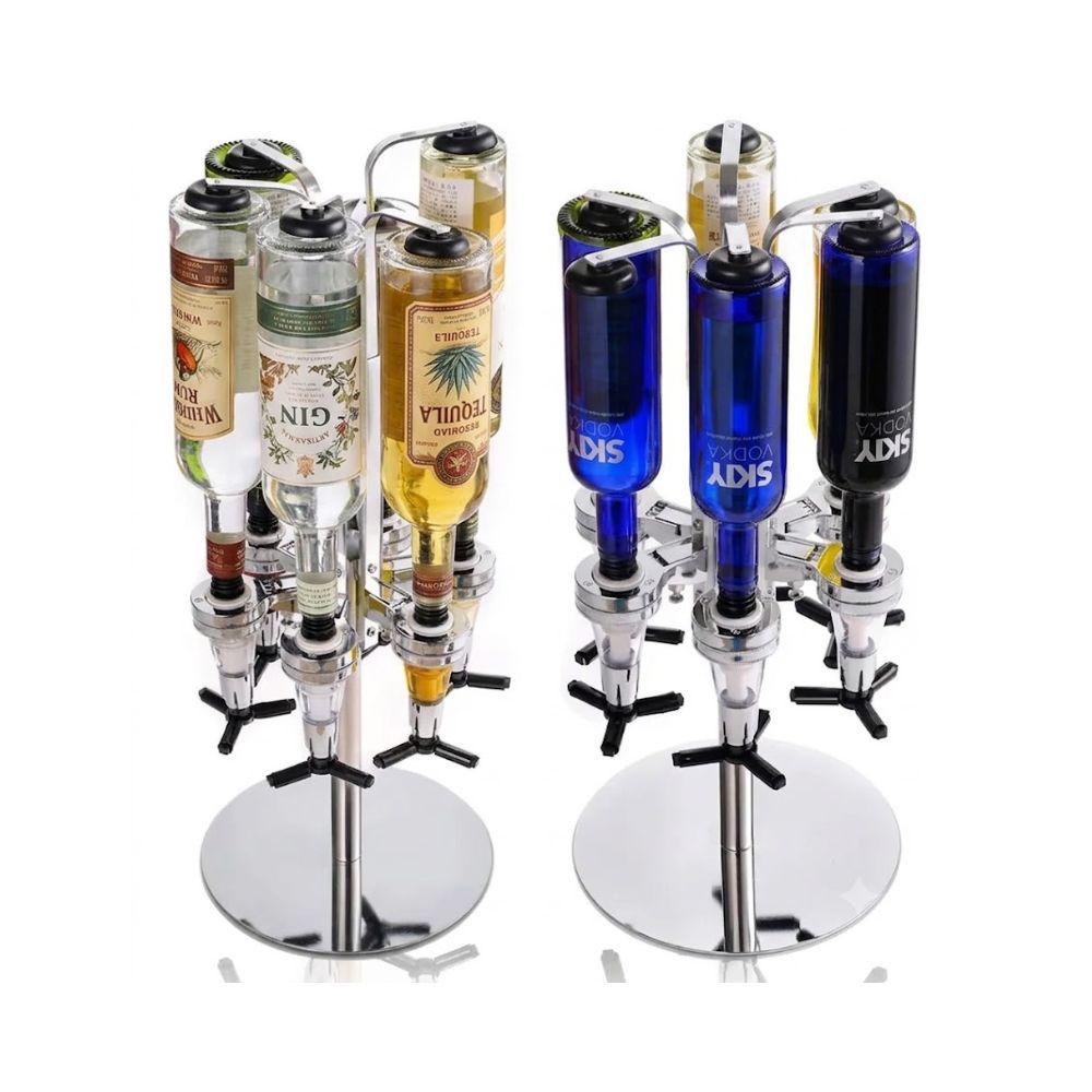 Suporte giratório de mesa feito de aço inox para seis garrafas de bebidas emborcadas, mostrando os dosadores individuais na base.