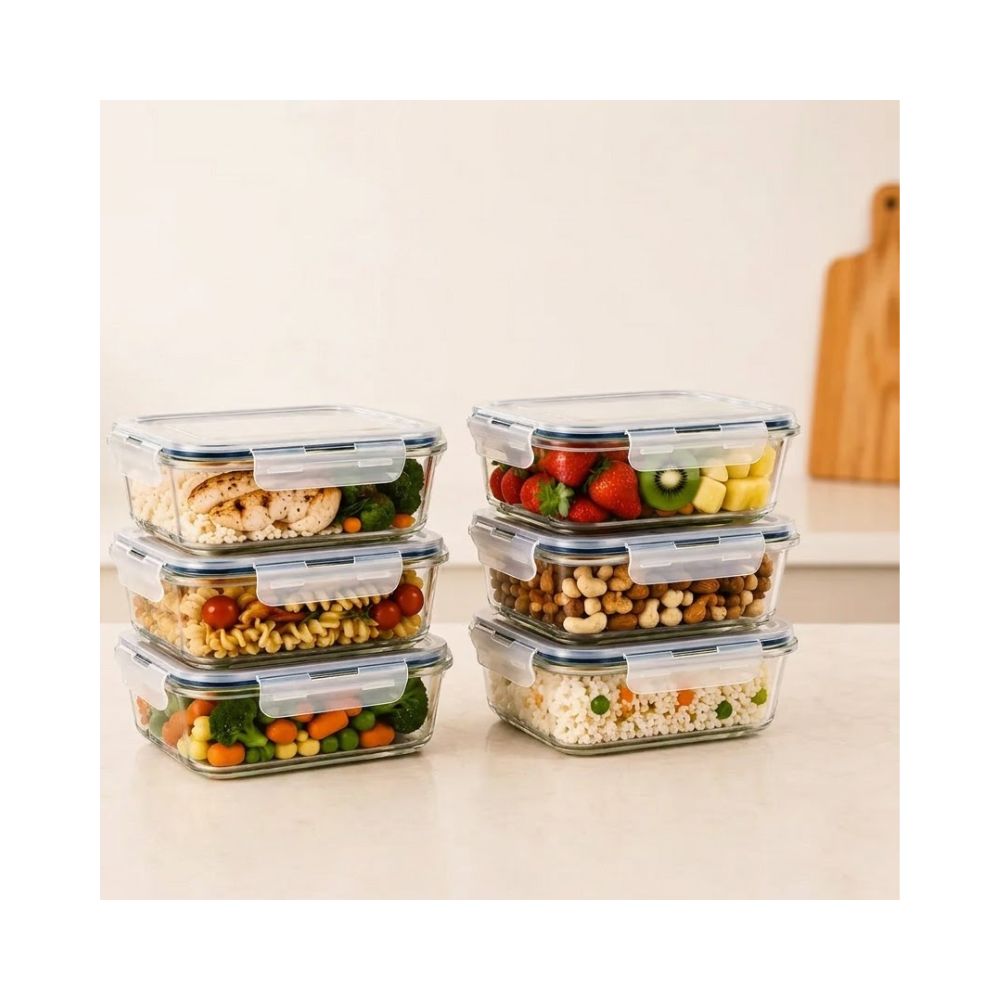 Conjunto com 6 potes de vidro refratário retangulares de 640ml da marca Star House, com tampas transparentes e sistema de fechamento hermético de 4 travas.