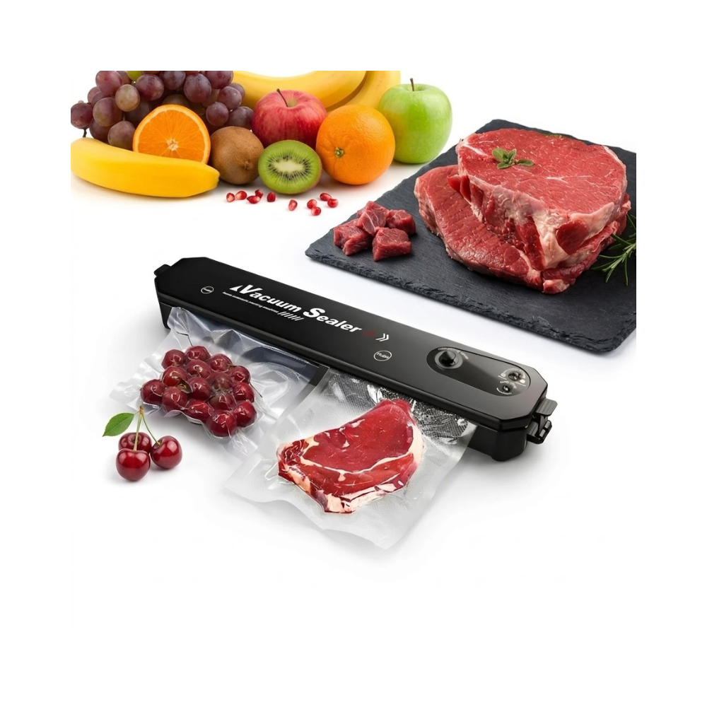 Seladora a vácuo portátil preta em funcionamento sobre uma superfície branca e limpa. Em primeiro plano, uma posta de carne vermelha e cerejas frescas estão embaladas a vácuo em sacos plásticos transparentes. Ao fundo, uma tábua de pedra escura exibe pedaços de carne fresca ao lado de uma variedade de frutas coloridas como uvas, laranjas, bananas e kiwi