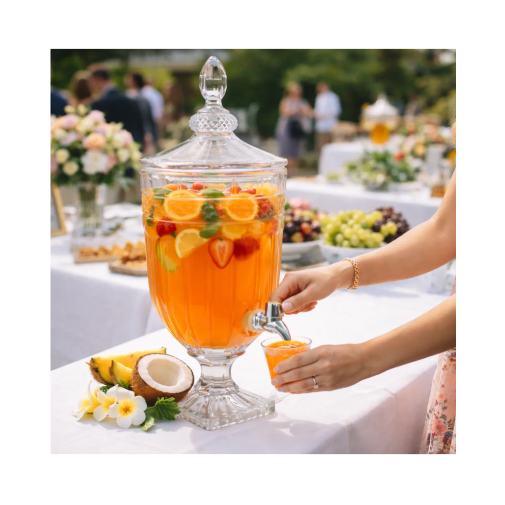 Suqueira de vidro em cristal servindo um delicioso refresco em cima de uma mesa em uma festa