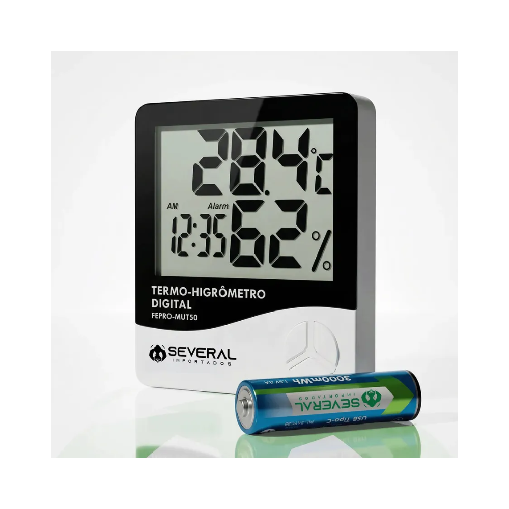 Termo-higrômetro digital medidor de temperatura e umidade ambiente com visor LCD de fácil leitura.
