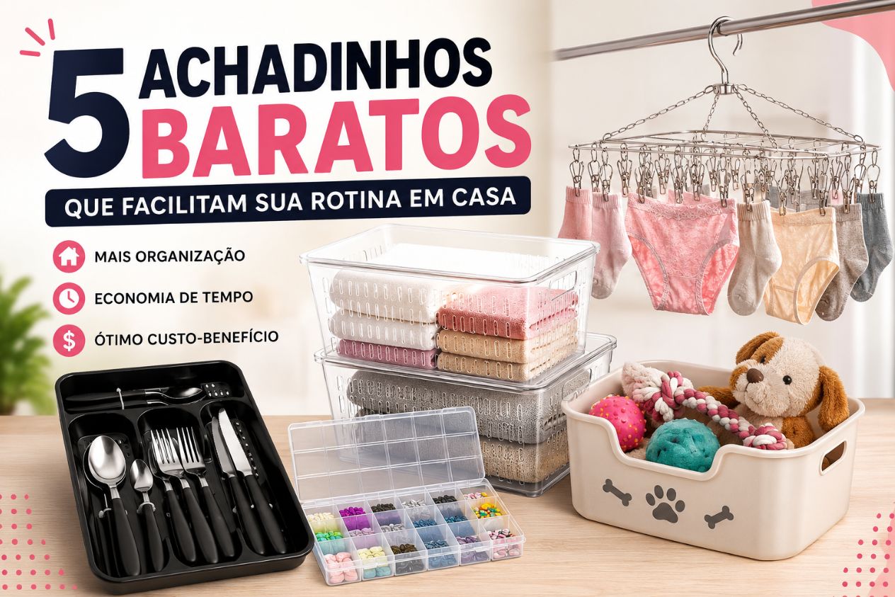 Colagem de 5 achadinhos de organização para casa: jogo de talheres preto, caixa organizadora de costura, cesto transparente com toalhas, cesto de brinquedos pet com um cachorro Corgi e varal suspenso de inox com meias coloridas.