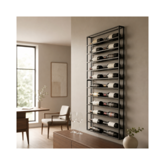 adega de parede para vinhos estilo industrial com 22 garrafas decorando ambiente moderno