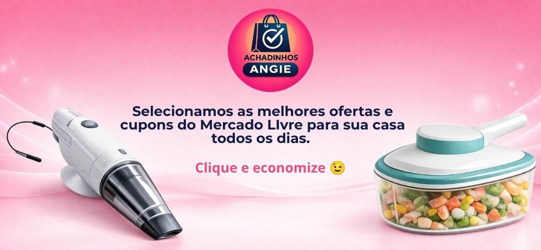 Banner de cabeçalho do site Achadinhos Angie com fundo rosa, mostrando um aspirador de pó portátil preto e um processador de alimentos de mão verde água, com o texto: Achadinhos que facilitam sua rotina e fazem você economizar de verdade.